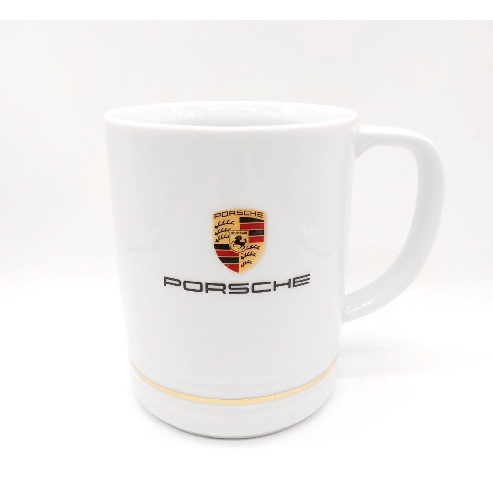 White Porsche Crest Cup Mug 14oz Coffee Tea, Father's Day Gift